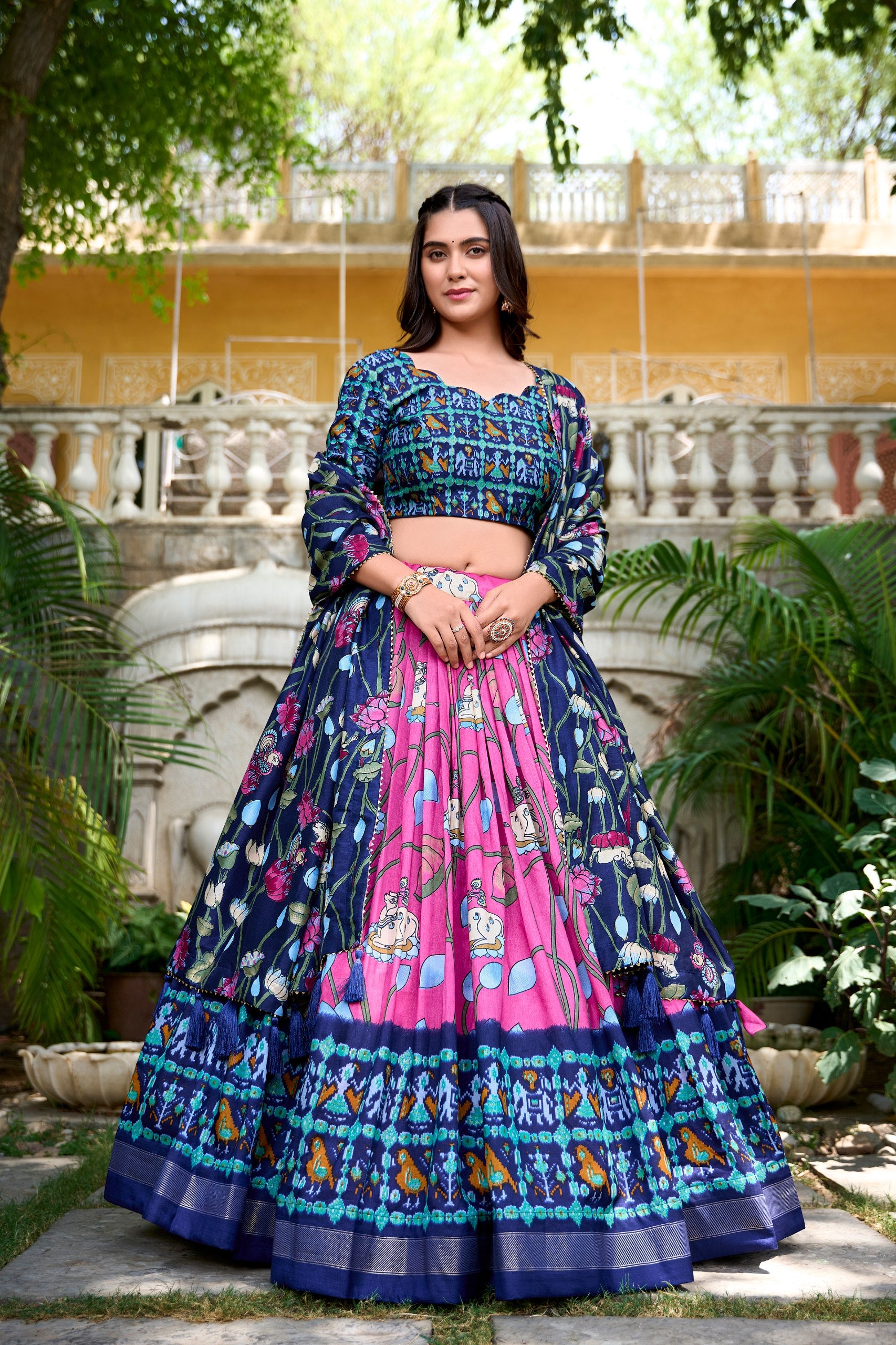 Pink Tussar Silk Lehenga Choli with Pichwai & Patola Prints ClothsVilla Main image