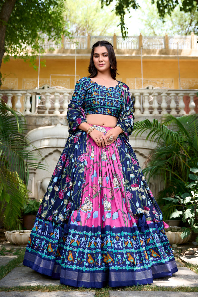 Pink Tussar Silk Lehenga Choli with Pichwai & Patola Prints ClothsVilla