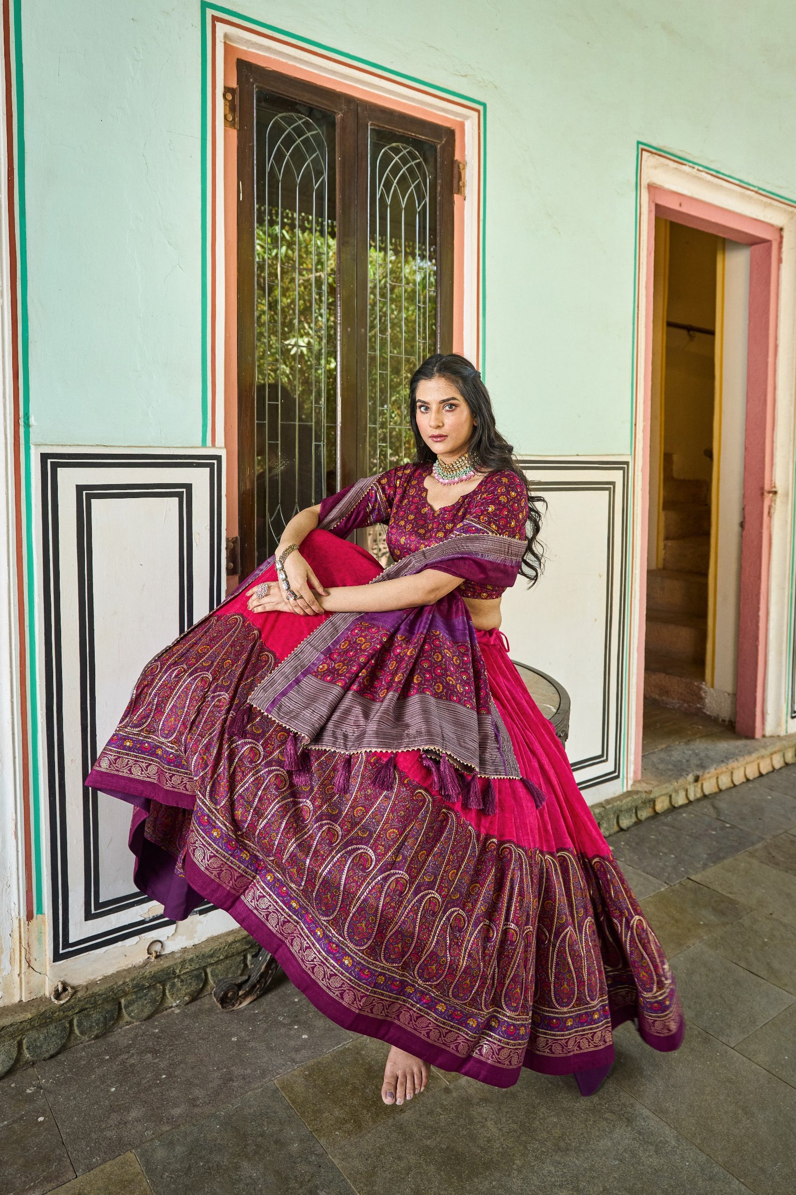 Pink Tussar Silk Lehenga Choli with Stunning Kashmiri Foil Print - Perfect for Weddings & Festivals ClothsVilla