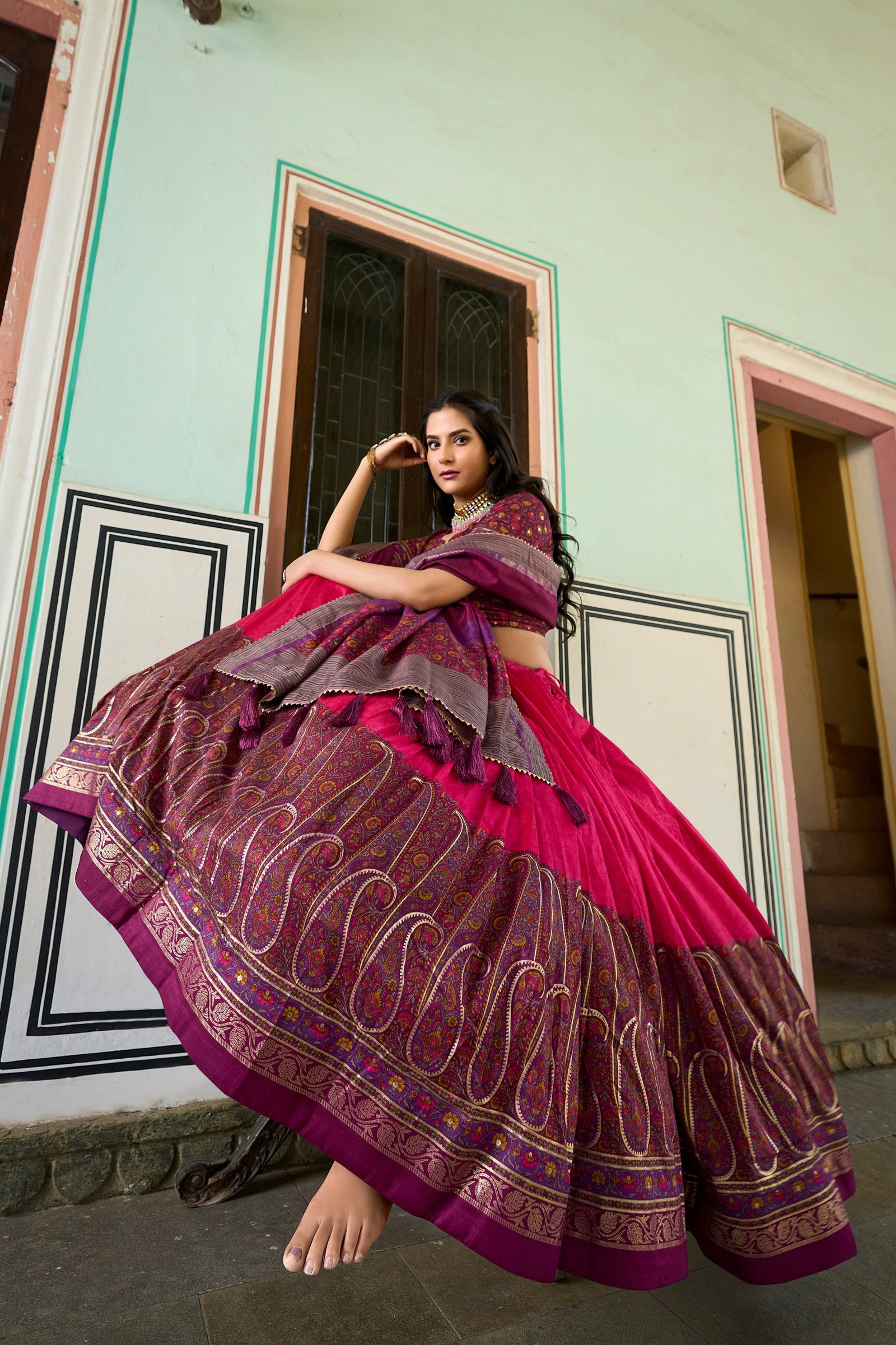 Pink Tussar Silk Lehenga Choli with Stunning Kashmiri Foil Print - Perfect for Weddings & Festivals ClothsVilla