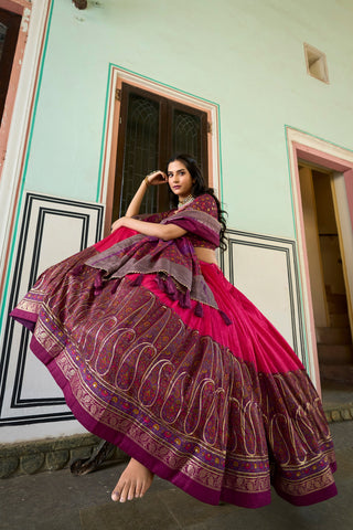 Pink Tussar Silk Lehenga Choli with Stunning Kashmiri Foil Print - Perfect for Weddings & Festivals ClothsVilla
