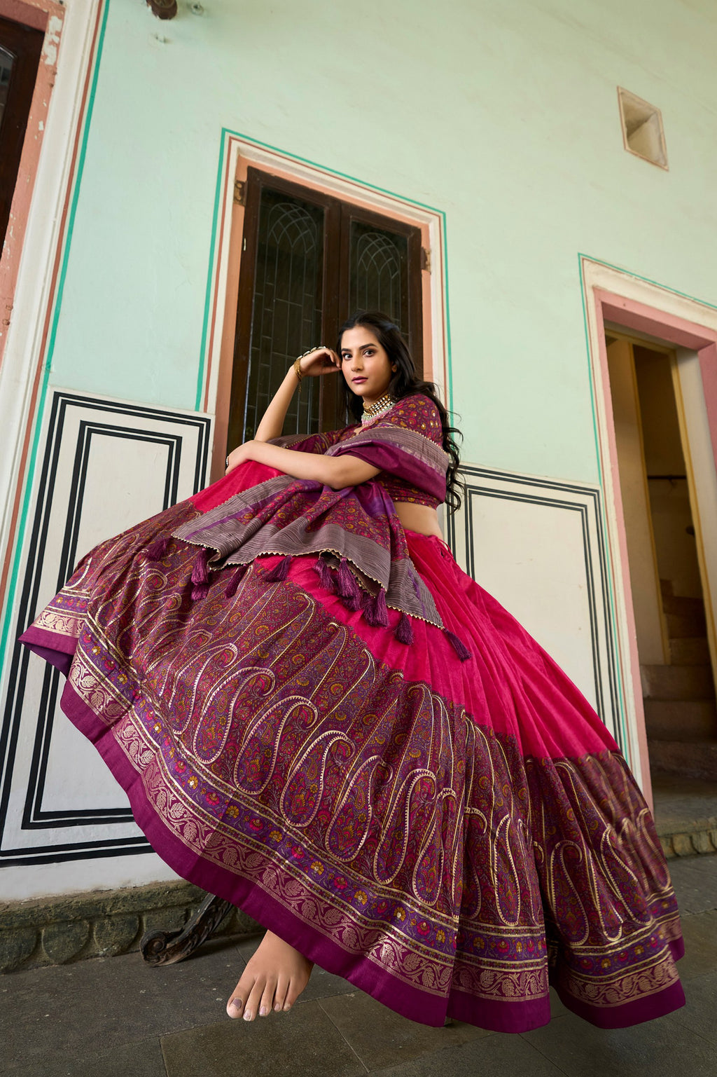 Pink Tussar Silk Lehenga Choli with Stunning Kashmiri Foil Print - Perfect for Weddings & Festivals ClothsVilla