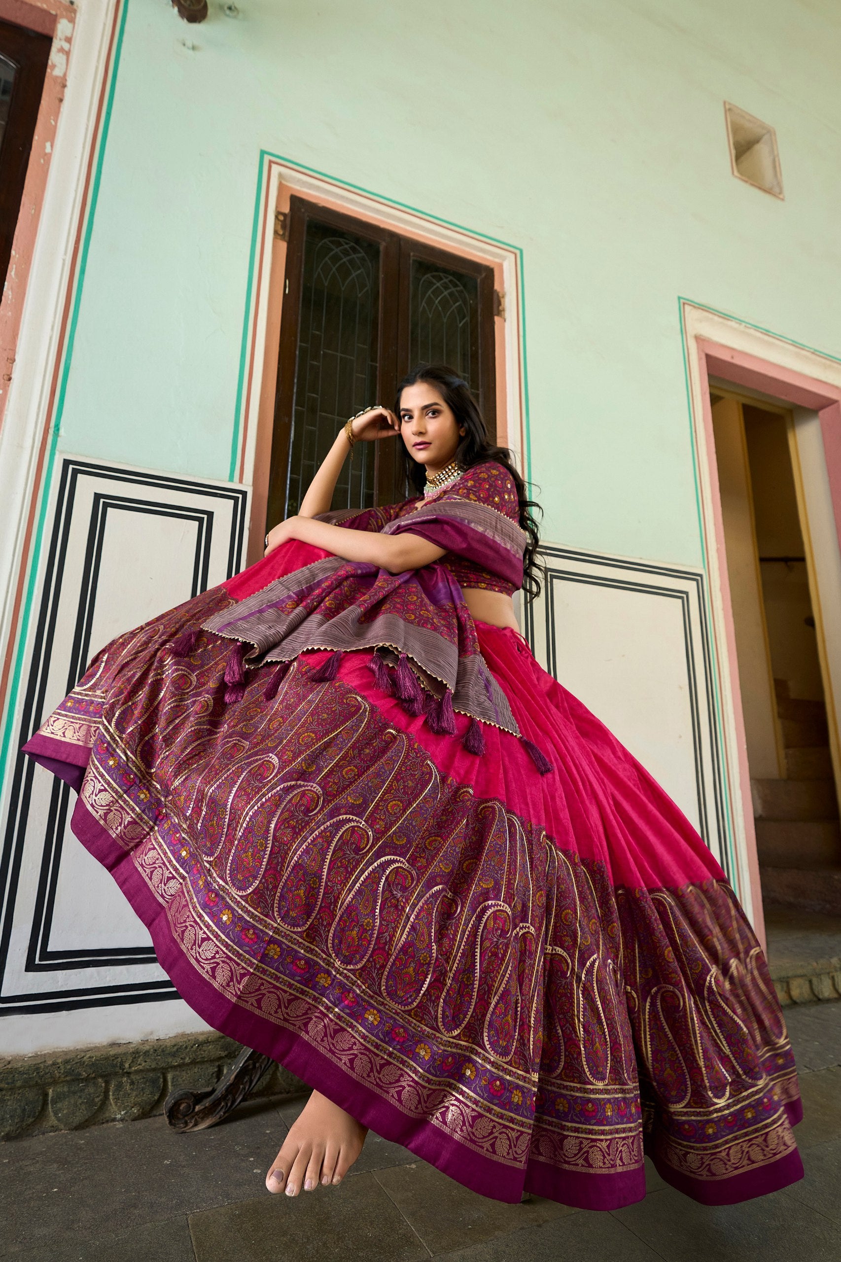 Pink Tussar Silk Lehenga Choli with Stunning Kashmiri Foil Print - Perfect for Weddings & Festivals ClothsVilla