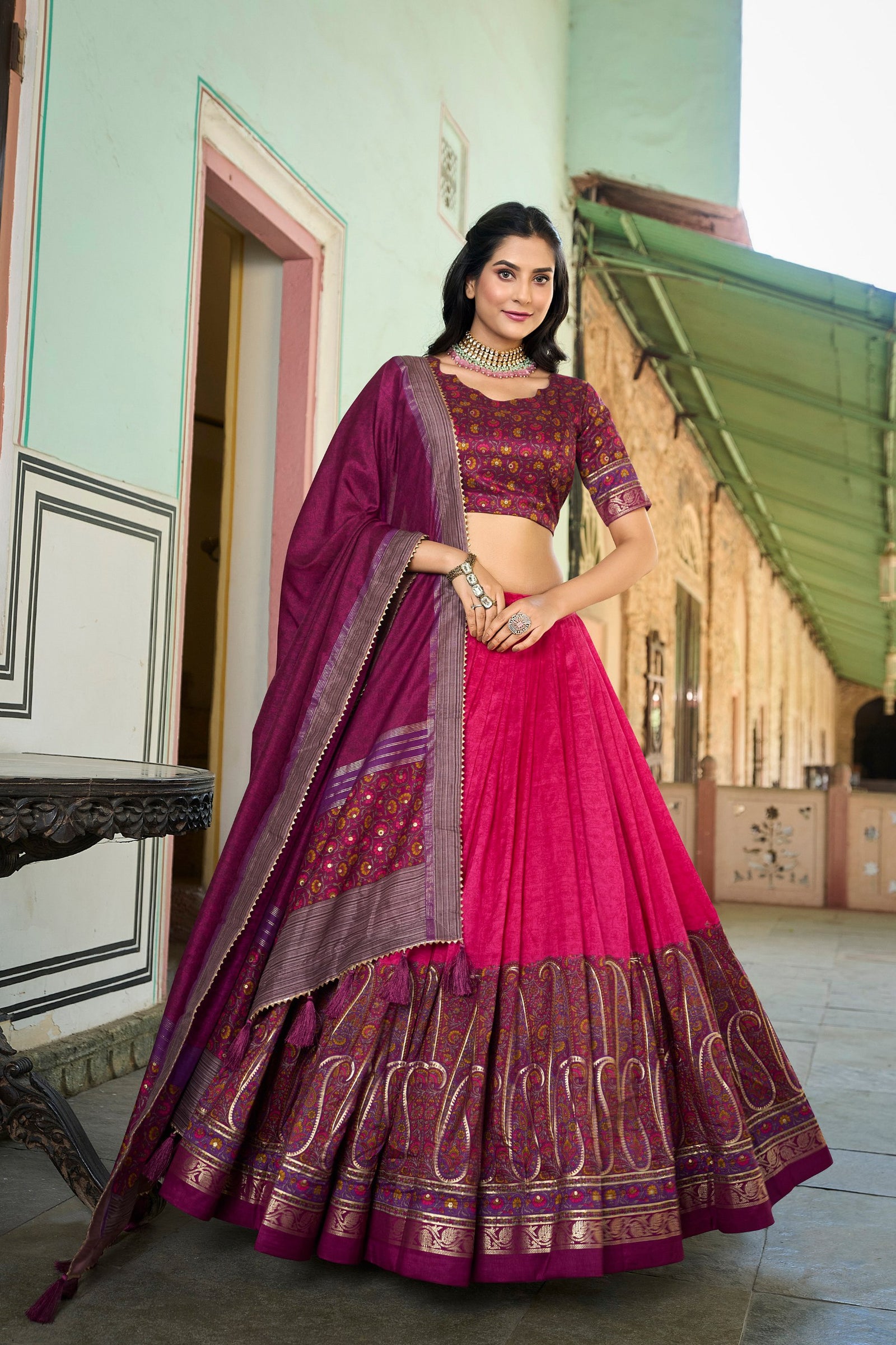 Pink Tussar Silk Lehenga Choli with Stunning Kashmiri Foil Print - Perfect for Weddings & Festivals ClothsVilla