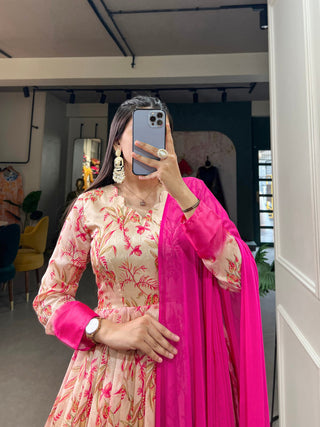 Pink Tussar Silk Printed Gown with Foil Detailing & Chiffon Dupatta ClothsVilla