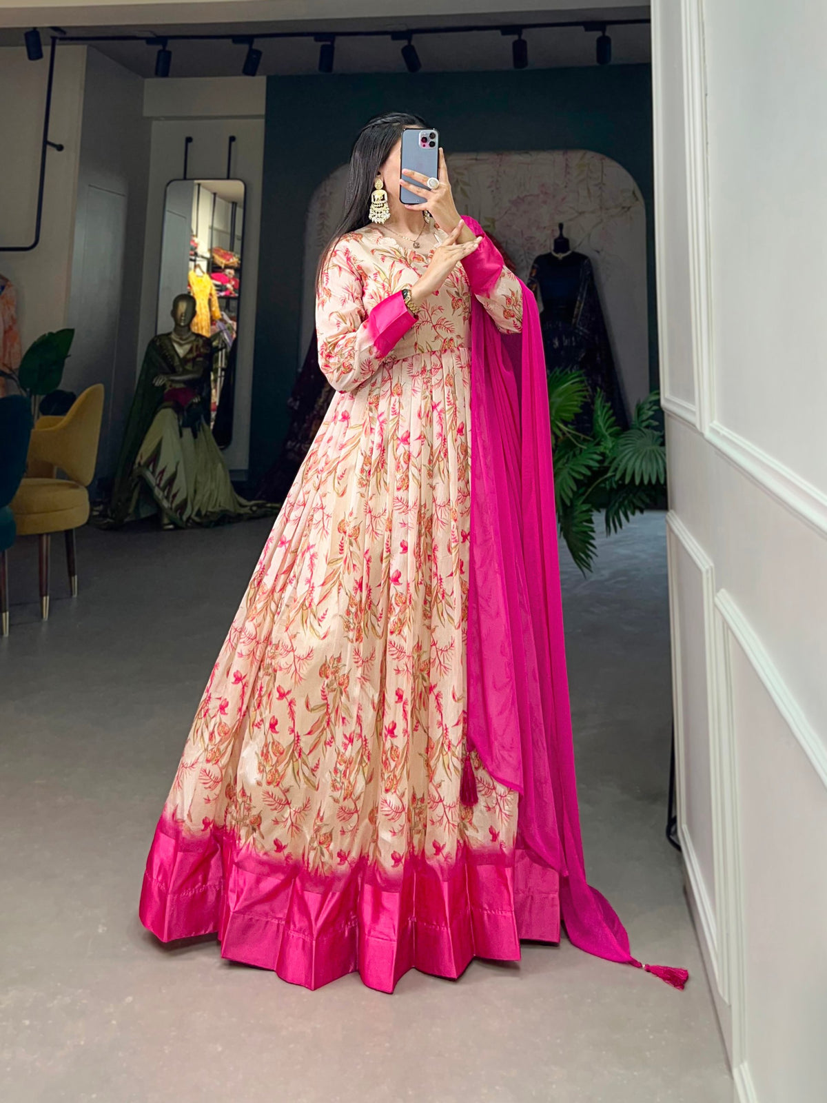 Pink Tussar Silk Printed Gown with Foil Detailing & Chiffon Dupatta ClothsVilla