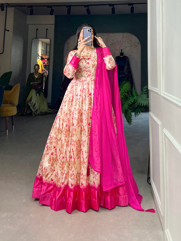 Pink Tussar Silk Printed Gown with Foil Detailing & Chiffon Dupatta ClothsVilla