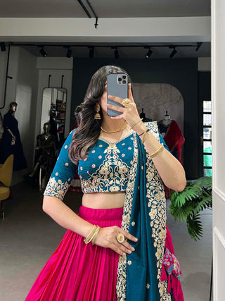 Pink Tussar Silk Printed Lehenga Set with Embroidered Vichitra Silk Blouse & Dupatta Clothsvilla
