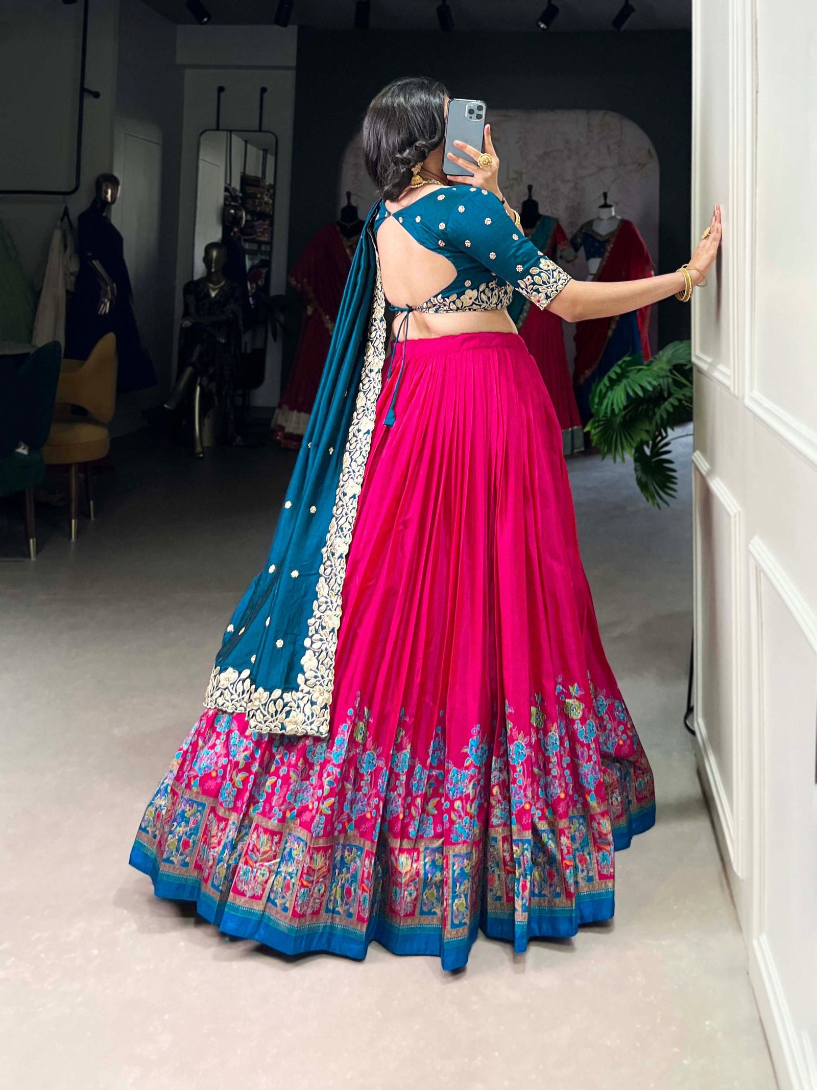 Pink Tussar Silk Printed Lehenga Set with Embroidered Vichitra Silk Blouse & Dupatta Clothsvilla