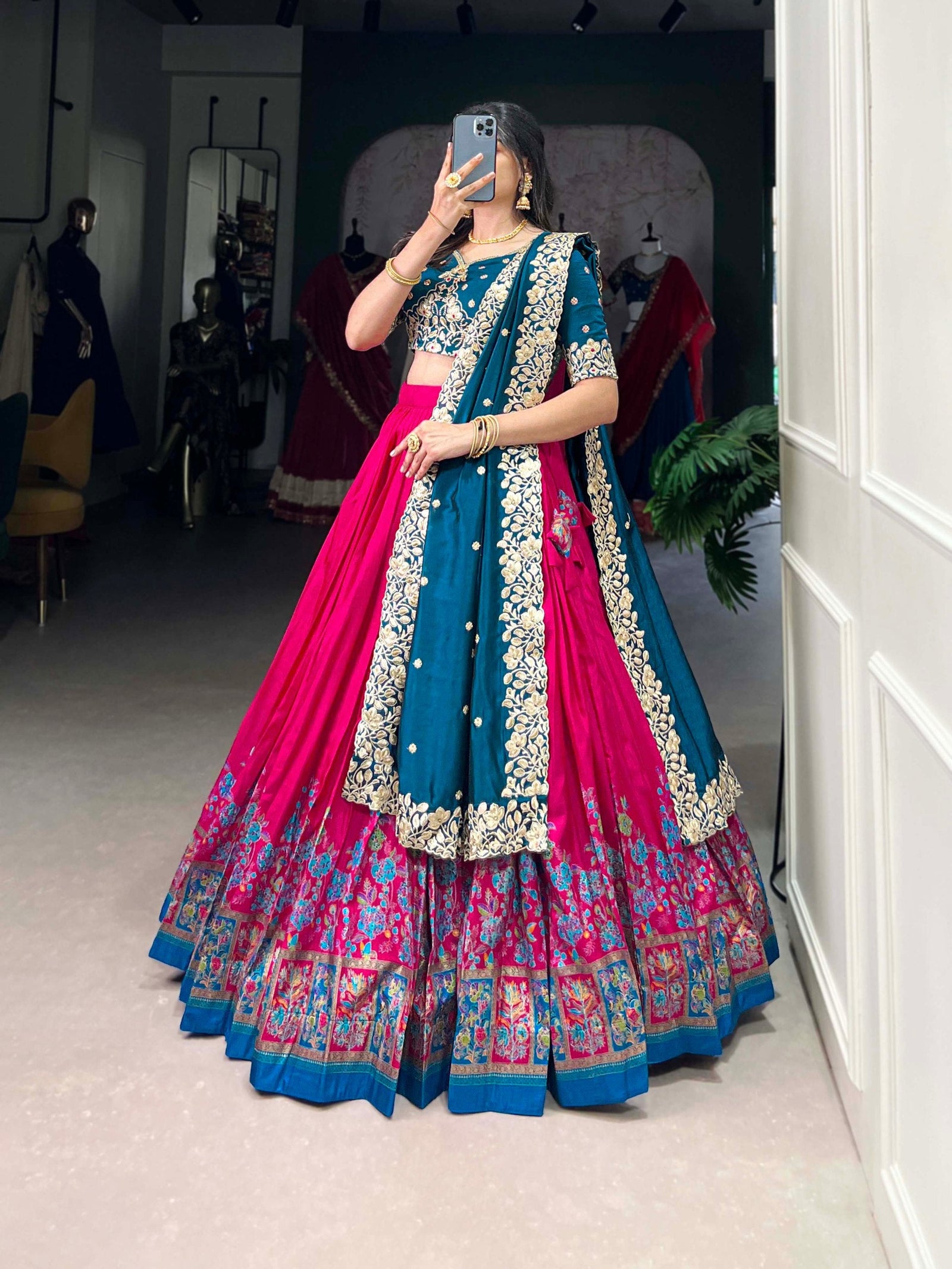 Pink Tussar Silk Printed Lehenga Set with Embroidered Vichitra Silk Blouse & Dupatta Clothsvilla