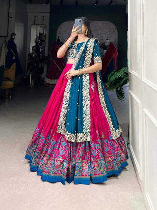Pink Tussar Silk Printed Lehenga Set with Embroidered Vichitra Silk Blouse & Dupatta Clothsvilla