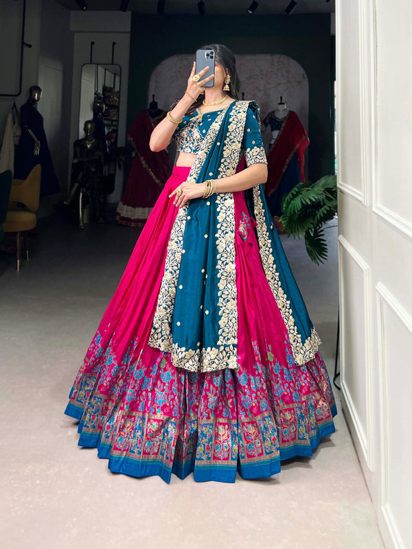 Pink Tussar Silk Printed Lehenga Set with Embroidered Vichitra Silk Blouse & Dupatta Clothsvilla