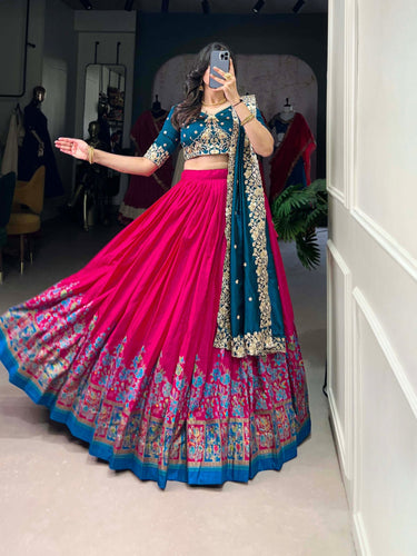 Pink Tussar Silk Printed Lehenga Set with Embroidered Vichitra Silk Blouse & Dupatta Clothsvilla