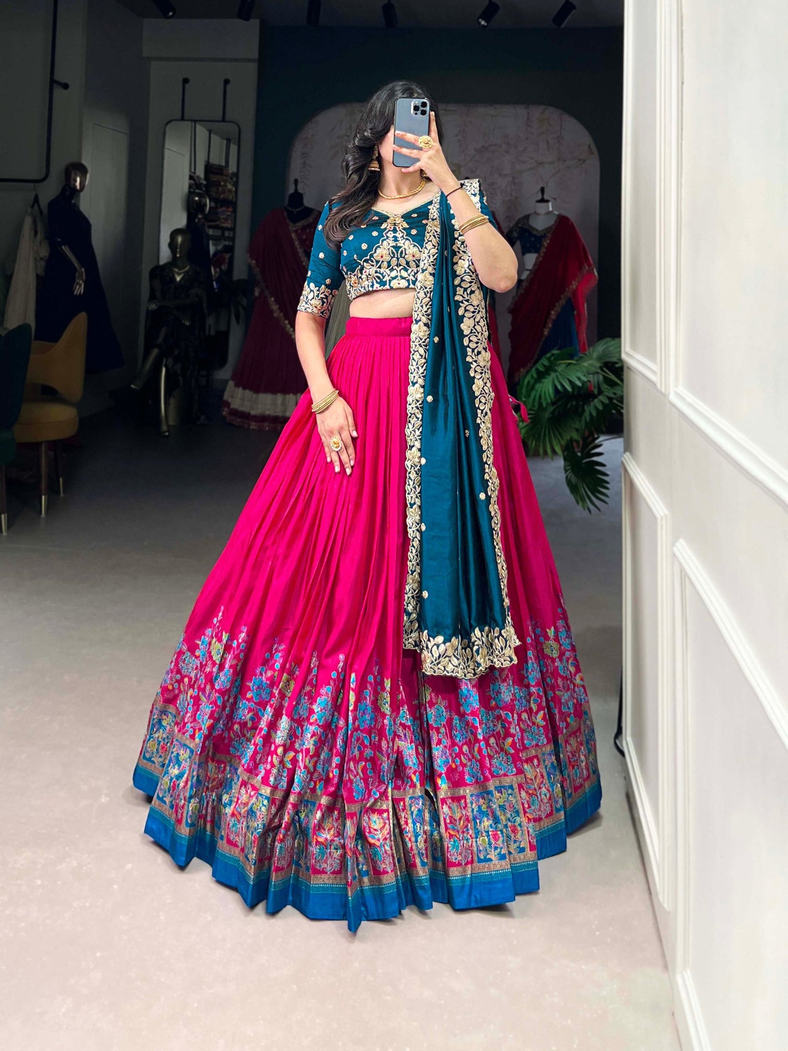 Pink Tussar Silk Printed Lehenga Set with Embroidered Vichitra Silk Blouse & Dupatta Clothsvilla