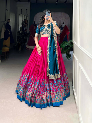 Pink Tussar Silk Printed Lehenga Set with Embroidered Vichitra Silk Blouse & Dupatta Clothsvilla