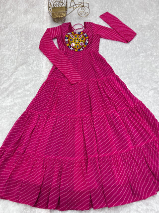 Pink Vibrant Laheriya Anarkali Gown – Perfect for Navratri, Ready to Wear
