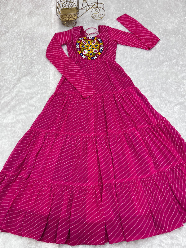 Pink Vibrant Laheriya Anarkali Gown – Perfect for Navratri, Ready to Wear