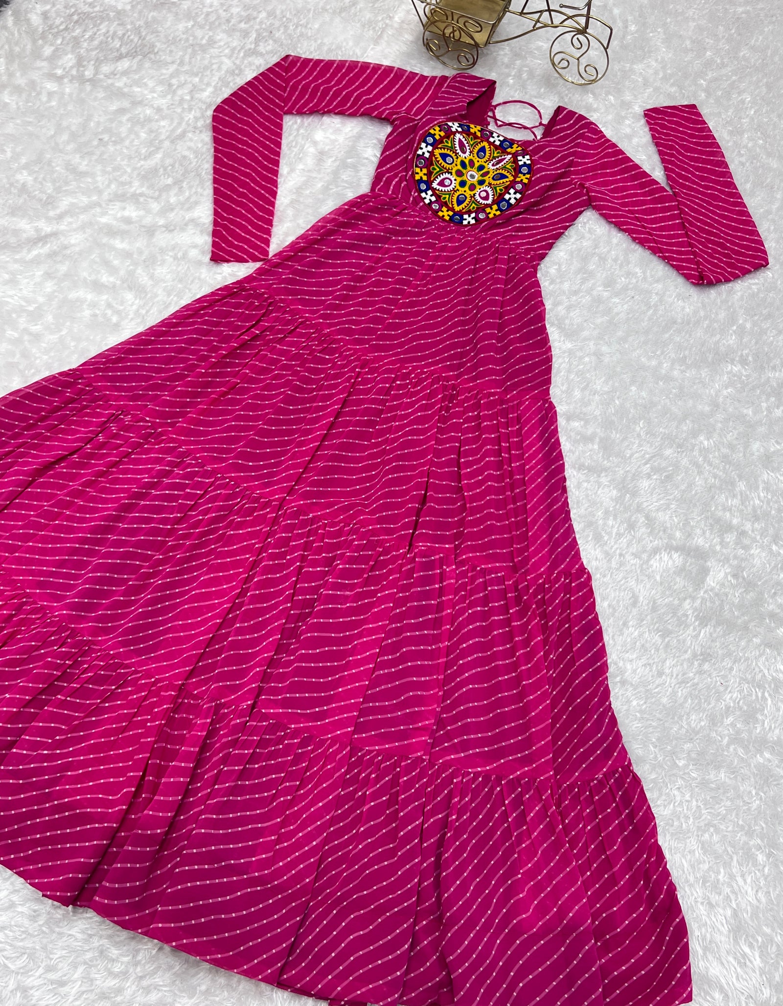 Pink Vibrant Laheriya Anarkali Gown – Perfect for Navratri, Ready to Wear