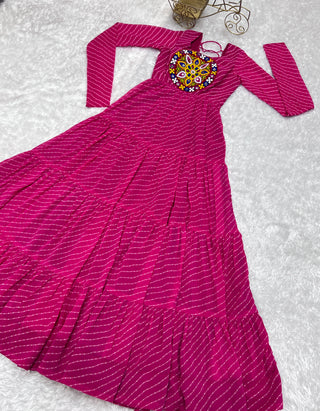 Pink Vibrant Laheriya Anarkali Gown – Perfect for Navratri, Ready to Wear