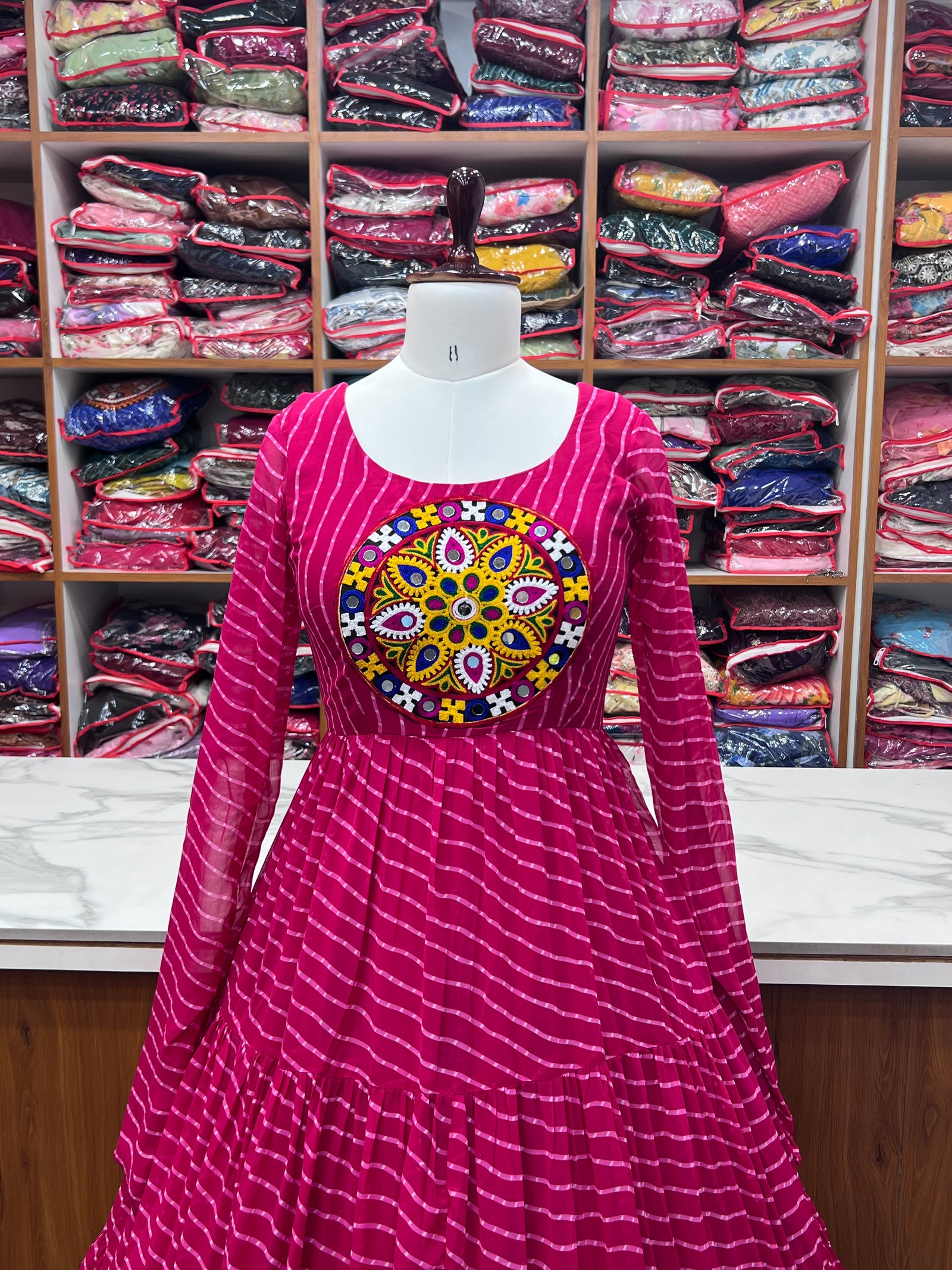 Pink Vibrant Laheriya Anarkali Gown – Perfect for Navratri, Ready to Wear