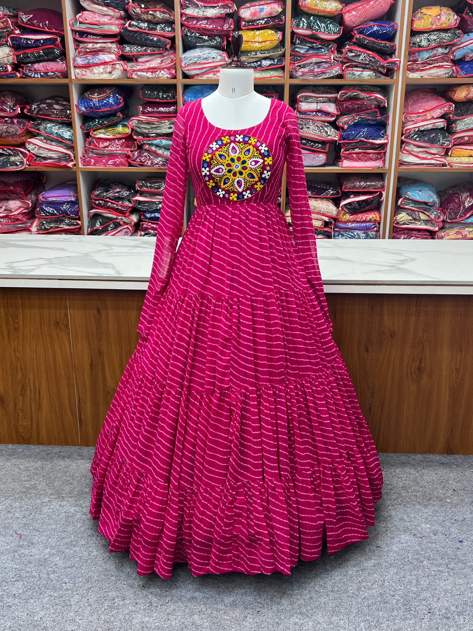 Pink Vibrant Laheriya Anarkali Gown – Perfect for Navratri, Ready to Wear