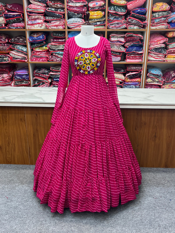 Pink Vibrant Laheriya Anarkali Gown – Perfect for Navratri, Ready to Wear