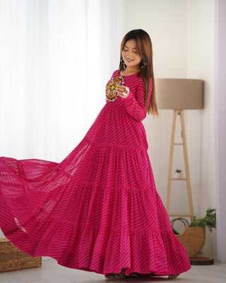 Pink Vibrant Laheriya Anarkali Gown – Perfect for Navratri, Ready to Wear