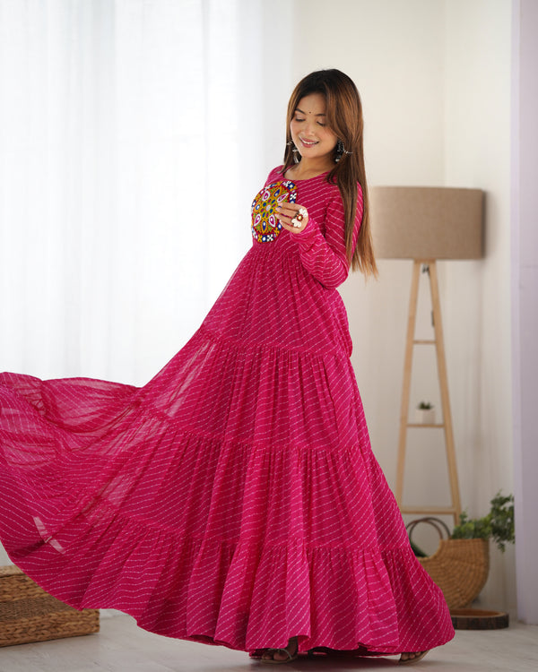 Pink Vibrant Laheriya Anarkali Gown – Perfect for Navratri, Ready to Wear