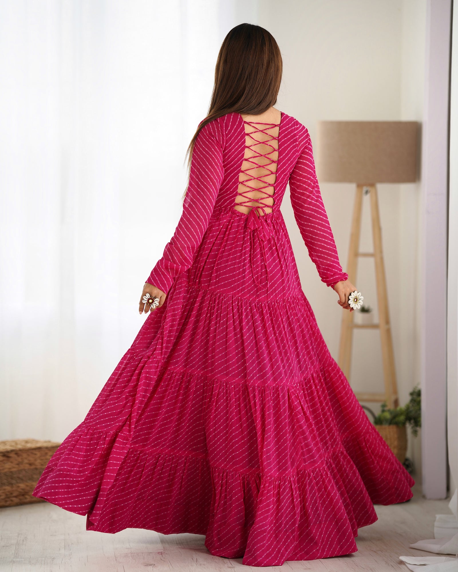 Pink Vibrant Laheriya Anarkali Gown – Perfect for Navratri, Ready to Wear