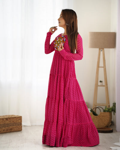 Pink Vibrant Laheriya Anarkali Gown – Perfect for Navratri, Ready to Wear