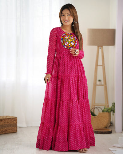 Pink Vibrant Laheriya Anarkali Gown – Perfect for Navratri, Ready to Wear