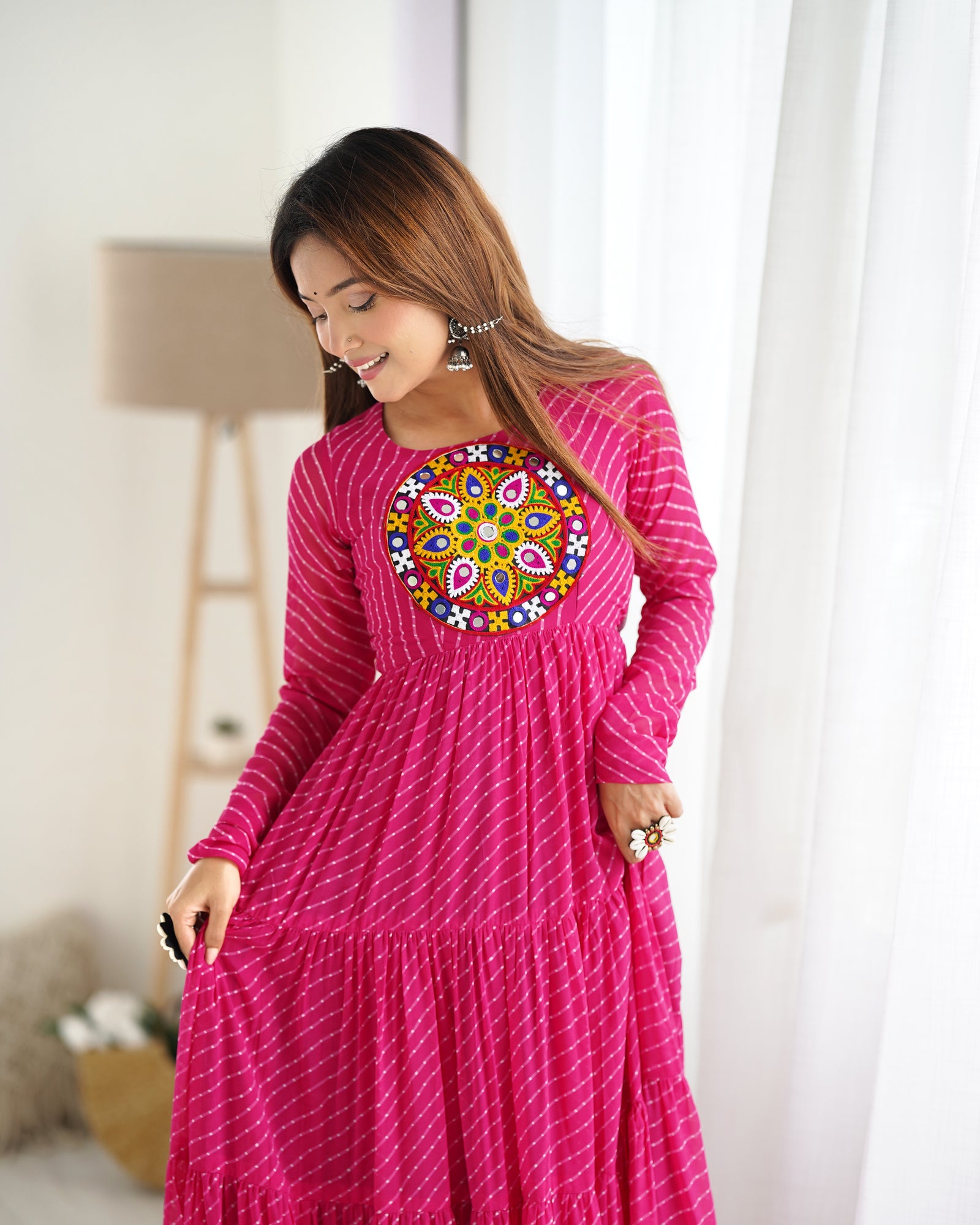 Pink Vibrant Laheriya Anarkali Gown – Perfect for Navratri, Ready to Wear