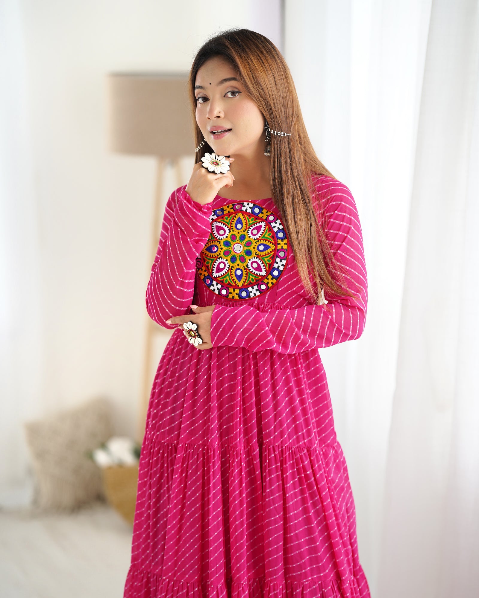 Pink Vibrant Laheriya Anarkali Gown – Perfect for Navratri, Ready to Wear