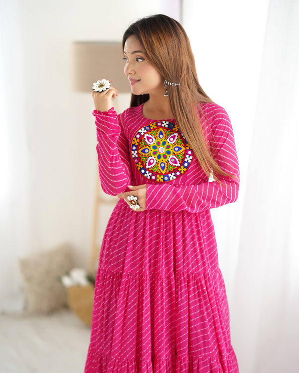 Pink Vibrant Laheriya Anarkali Gown – Perfect for Navratri, Ready to Wear