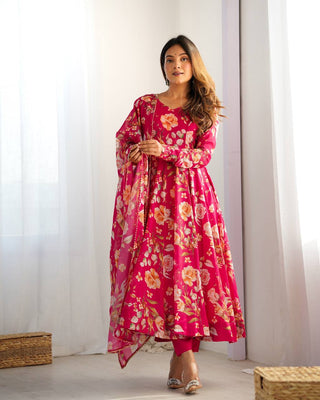 Pink Vibrant Pure Organza Silk Anarkali Set with Dupatta & Pant ClothsVilla