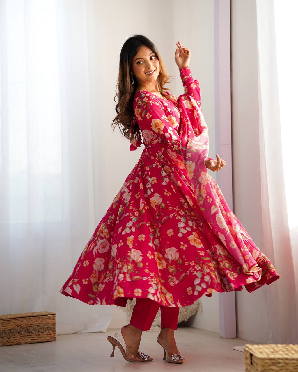 Pink Vibrant Pure Organza Silk Anarkali Set with Dupatta & Pant ClothsVilla