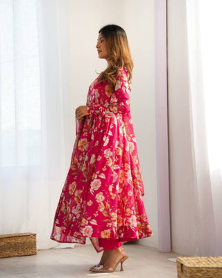 Pink Vibrant Pure Organza Silk Anarkali Set with Dupatta & Pant ClothsVilla