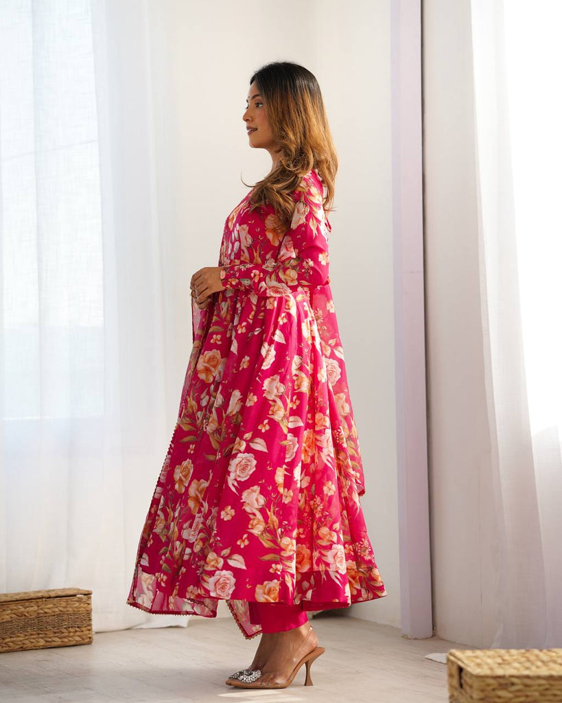 Pink Vibrant Pure Organza Silk Anarkali Set with Dupatta & Pant ClothsVilla