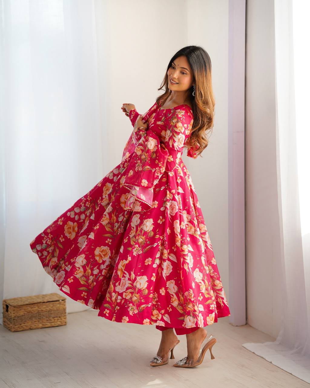 Pink Vibrant Pure Organza Silk Anarkali Set with Dupatta & Pant ClothsVilla