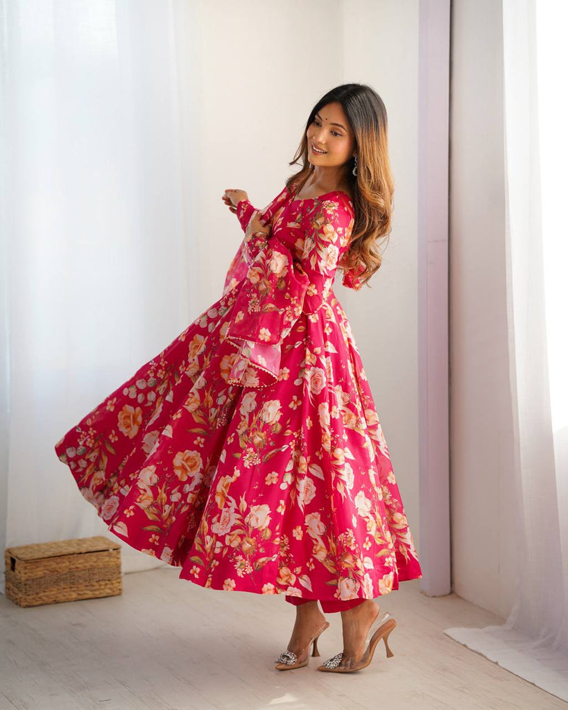 Pink Vibrant Pure Organza Silk Anarkali Set with Dupatta & Pant ClothsVilla