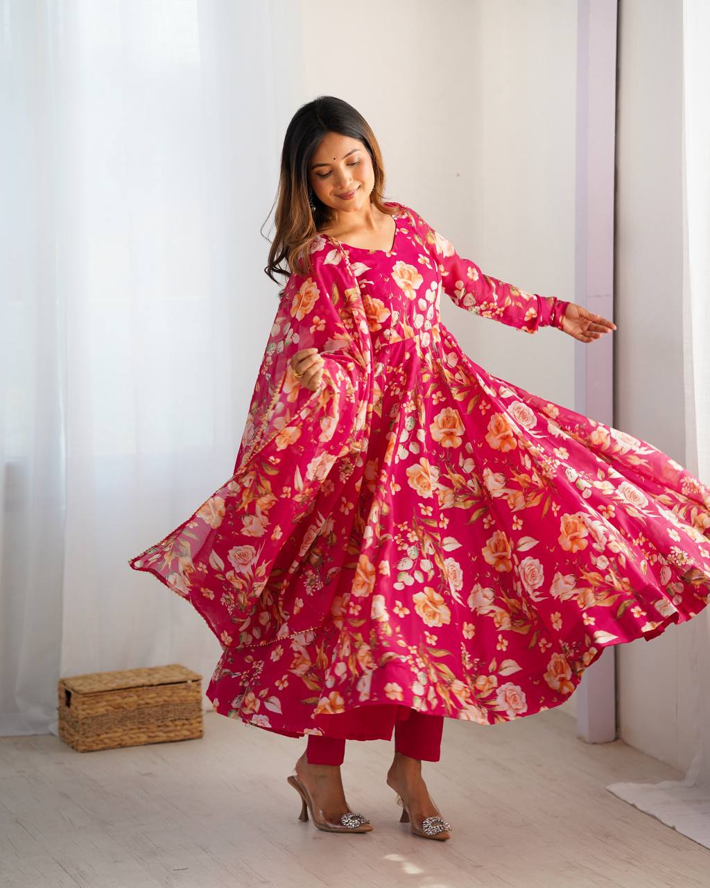 Pink Vibrant Pure Organza Silk Anarkali Set with Dupatta & Pant ClothsVilla