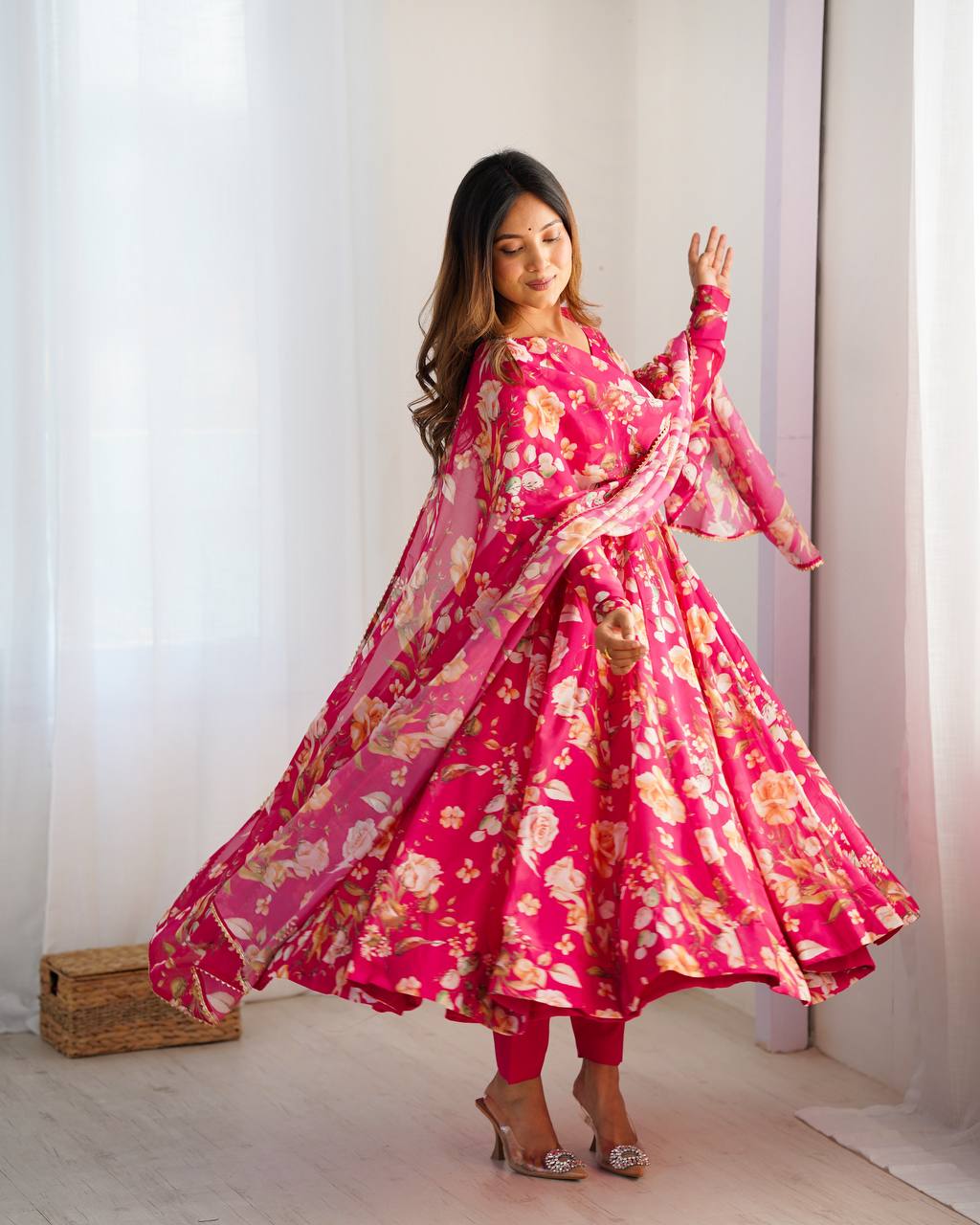 Pink Vibrant Pure Organza Silk Anarkali Set with Dupatta & Pant ClothsVilla