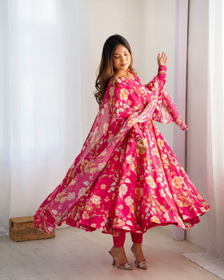 Pink Vibrant Pure Organza Silk Anarkali Set with Dupatta & Pant ClothsVilla