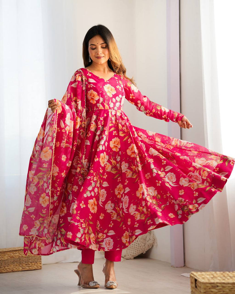 Pink Vibrant Pure Organza Silk Anarkali Set with Dupatta & Pant ClothsVilla