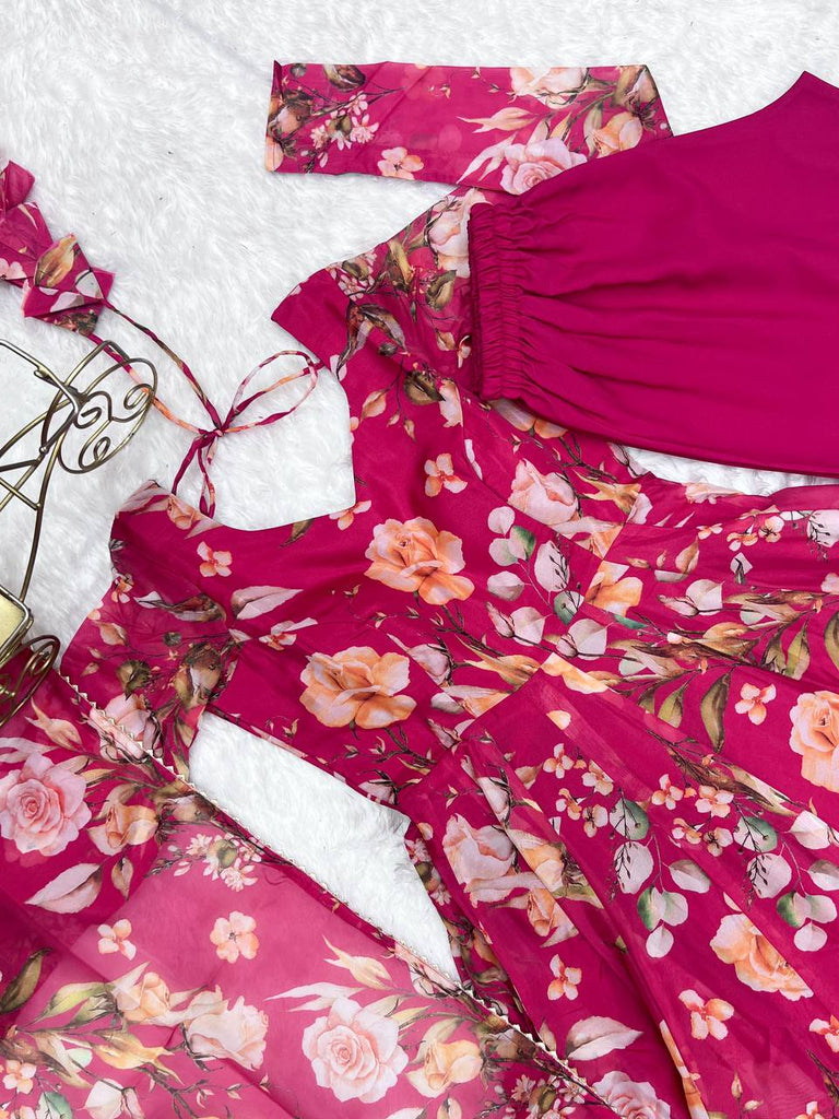 Pink Vibrant Pure Organza Silk Anarkali Set with Dupatta & Pant ClothsVilla