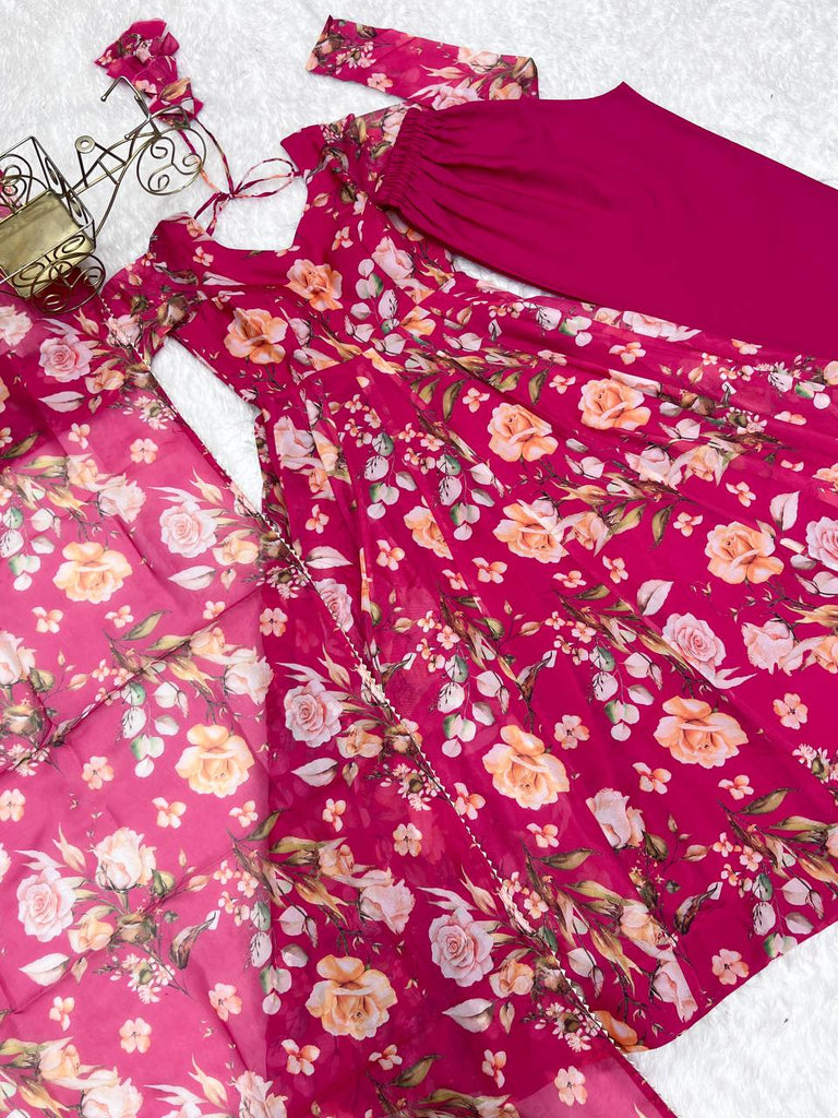 Pink Vibrant Pure Organza Silk Anarkali Set with Dupatta & Pant ClothsVilla