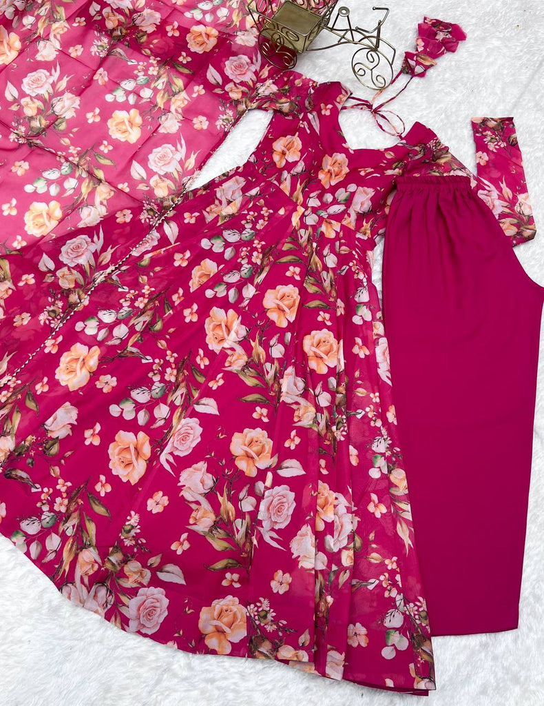 Pink Vibrant Pure Organza Silk Anarkali Set with Dupatta & Pant ClothsVilla