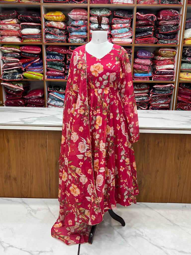 Pink Vibrant Pure Organza Silk Anarkali Set with Dupatta & Pant ClothsVilla