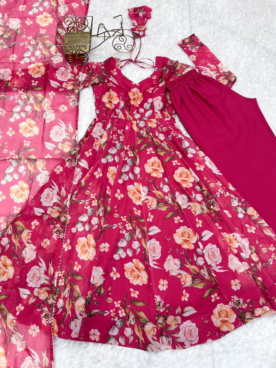 Pink Vibrant Pure Organza Silk Anarkali Set with Dupatta & Pant ClothsVilla