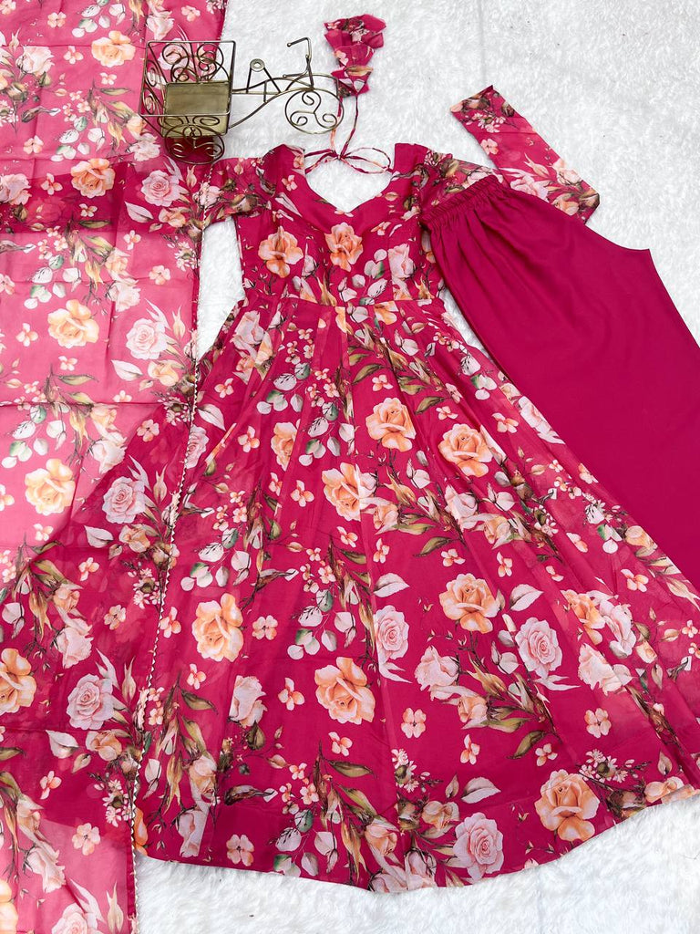 Pink Vibrant Pure Organza Silk Anarkali Set with Dupatta & Pant ClothsVilla